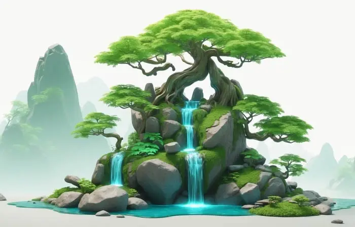 Bonsai and Waterfall 3D Design Model Illustration